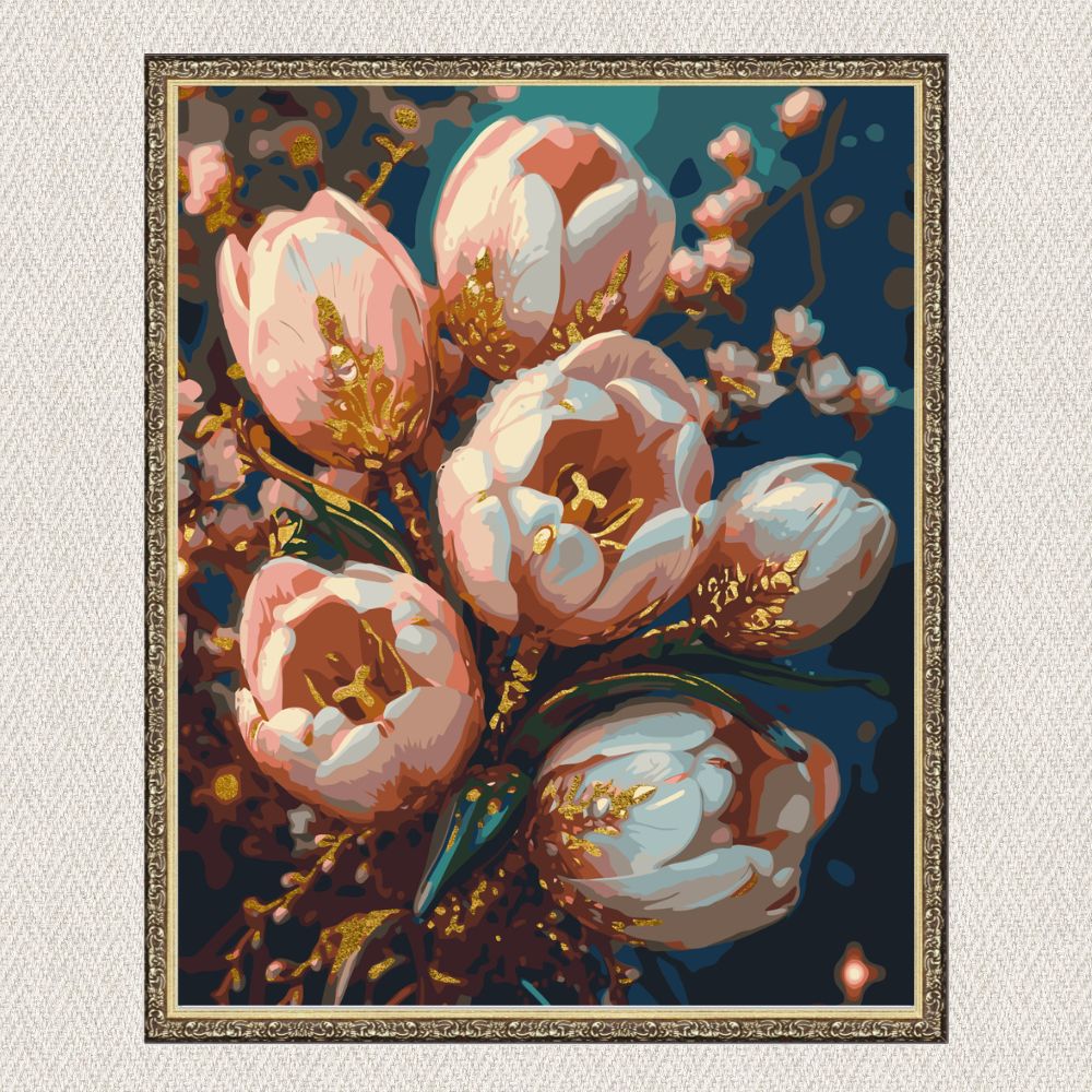 Maľovanie podľa čísel - Kvety. Jemné tulipány s metalickými farbami (zlaté) LW3304