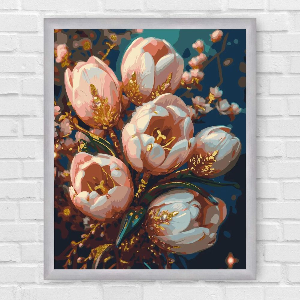 Maľovanie podľa čísel - Kvety. Jemné tulipány s metalickými farbami (zlaté) LW3304