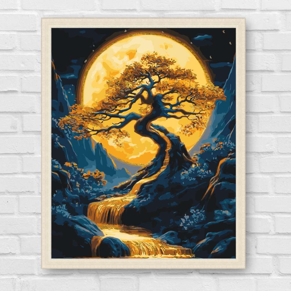 Maľovanie podľa čísel - Krajina. Strom s metalickými farbami LW3428