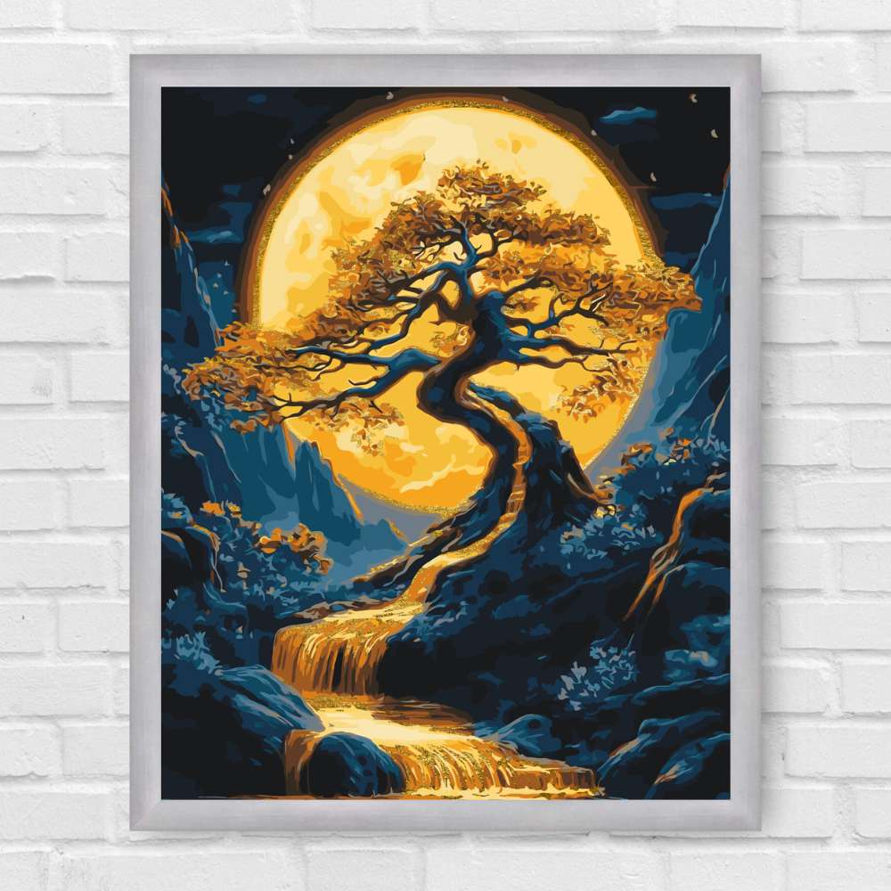 Maľovanie podľa čísel - Krajina. Strom s metalickými farbami LW3428