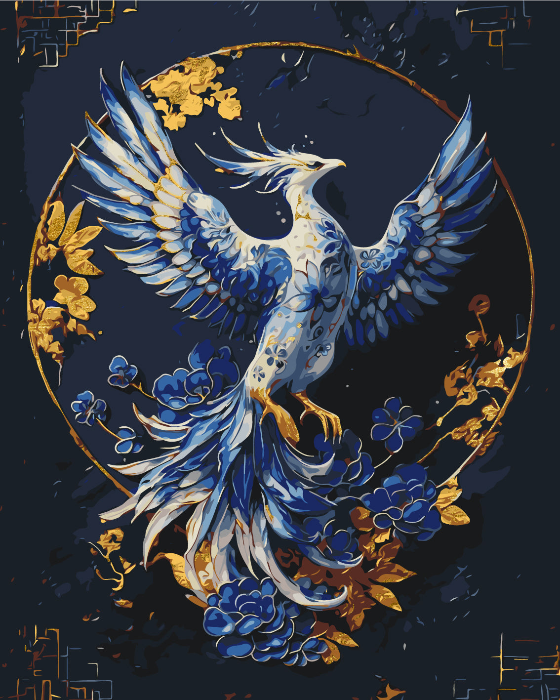 Maľovanie podľa čísel - Fénix s metalickými farbami LW3447
