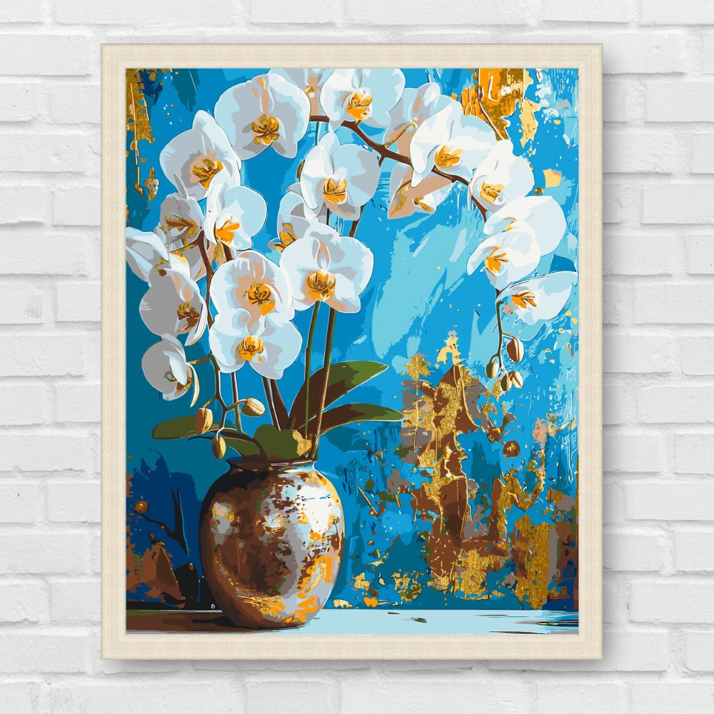 Maľovanie podľa čísel - Biela orchidea. Kvety. S metalickými farbami LW8100