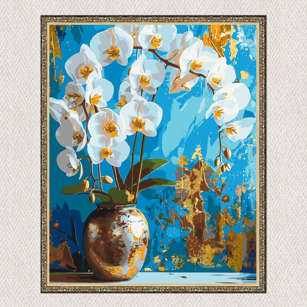 Maľovanie podľa čísel - Biela orchidea. Kvety. S metalickými farbami LW8100