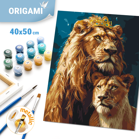 Maľovanie podľa čísel na ráme 40*50 cm Zvieratá. Lev a levica s metalickými farbami LW 0320