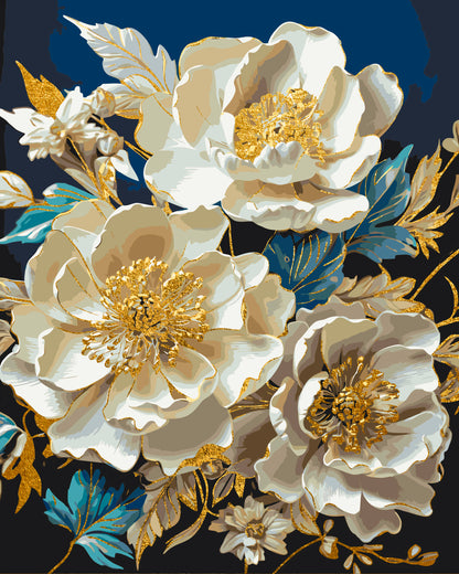 Maľovanie podľa čísel Kvety. Bielé pivónie s metalickými farbami zlato 40*50 cm LW 30410