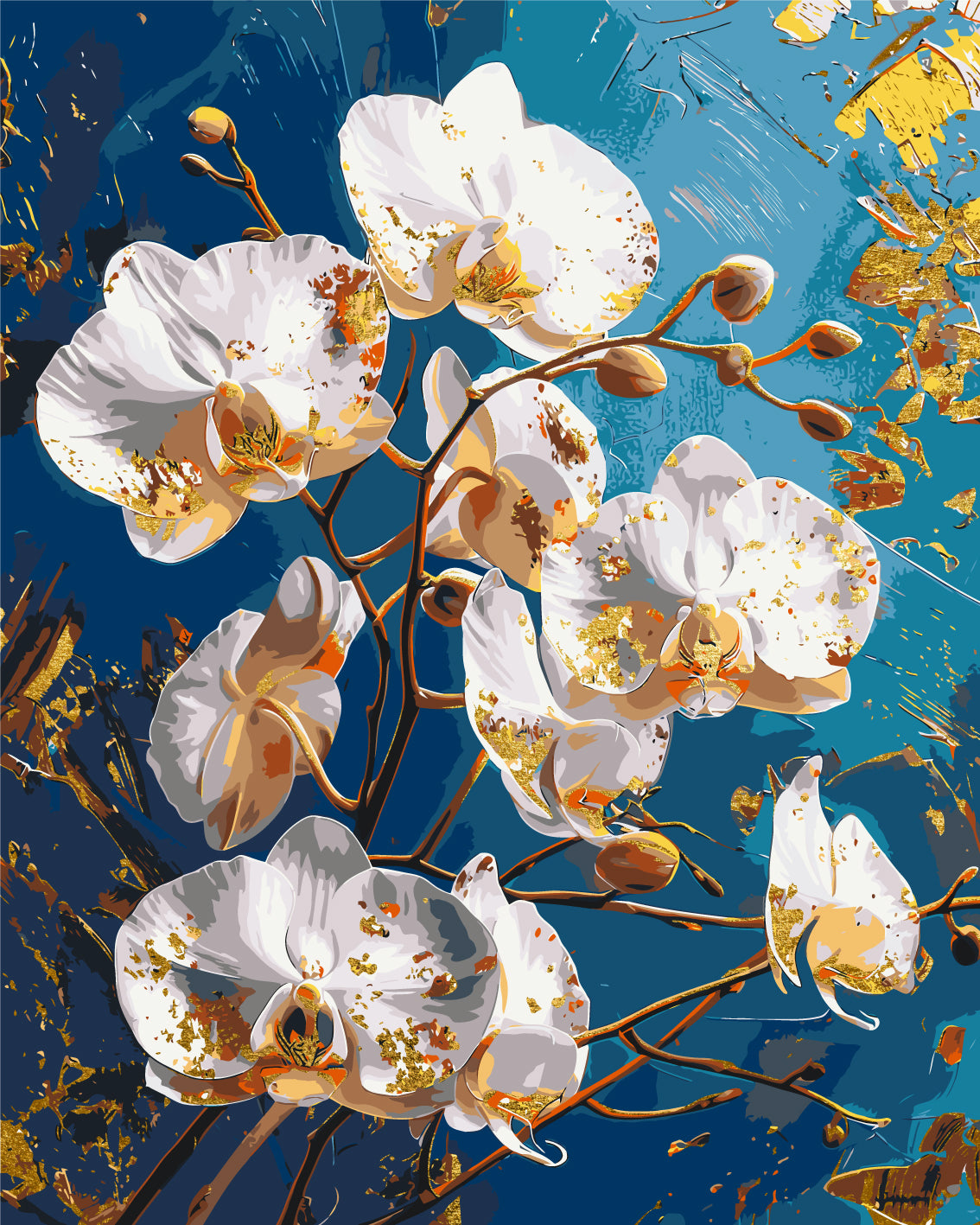 Maľovanie podľa čísel Kvet orchidey na modrom pozadí. S metalickými farbami 40*50 cm LW 30431