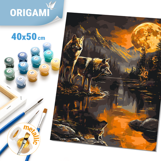 Maľovanie podľa čísel na ráme 40*50 cm Zvieratá. Pár vlkov v noci. S metalickými farbami LW 30780