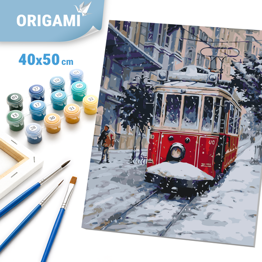 Maľovanie podľa čísel na ráme 40*50 cm - Starý červený tramvaj - Krajinka - LW 3088