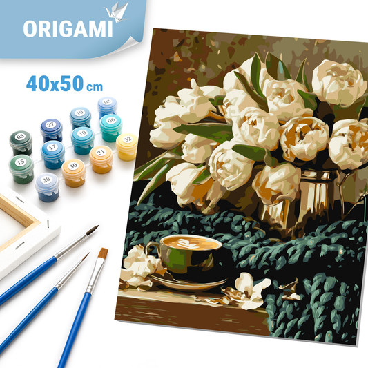 Maľovanie podľa čísel na ráme 40*50 cm - Kvety s kávou - Kvety/Zátišie - LW 30980-01