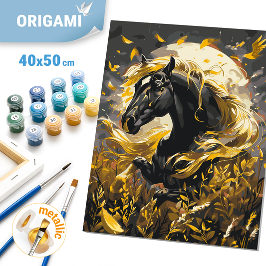 Maľovanie podľa čísel na ráme 40*50 cm Zvieratá. Čierny kôň s metalickými farbami LW 31200