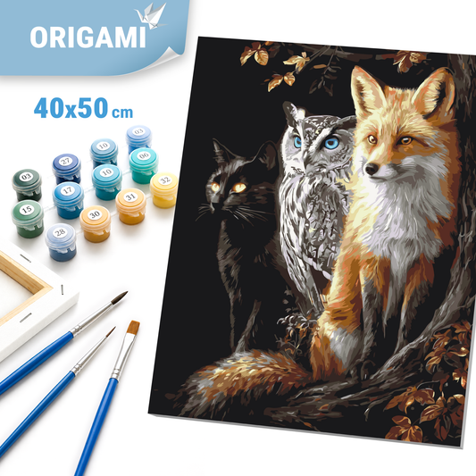 Maľovanie podľa čísel na ráme 40*50 cm - Líška, sova a mačka v nočnom lese - Zvieratá - LW 3141-01
