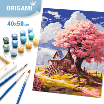 Maľovanie podľa čísel na ráme 40*50 cm - Ružový strom v lese - Krajinka - LW 3296