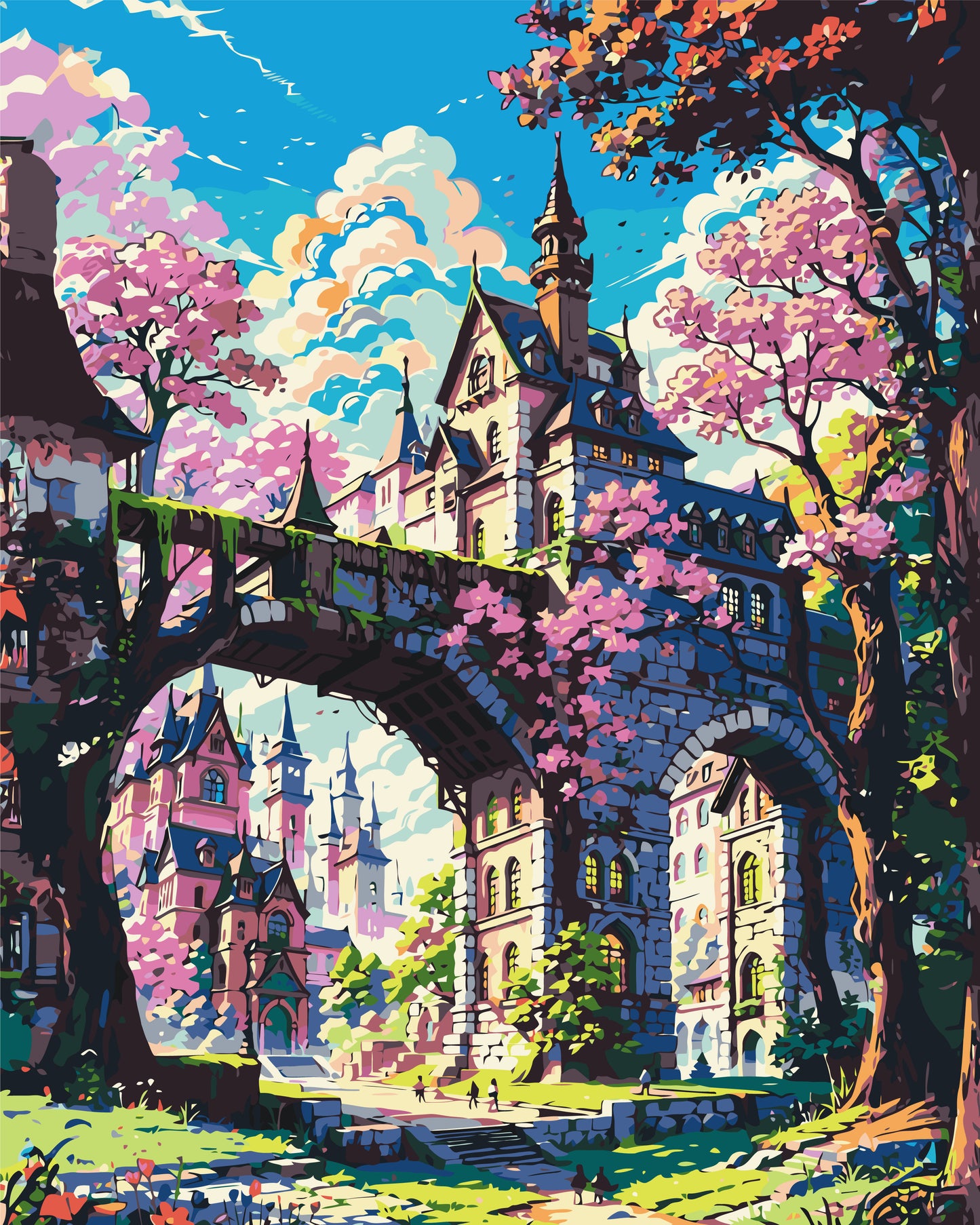 Maľovanie podľa čísel na ráme 40*50 cm - Rozprávkový zámok v sakurách - Krajinka - LW 3331