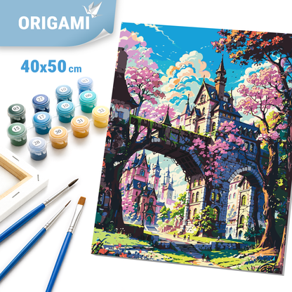Maľovanie podľa čísel na ráme 40*50 cm - Rozprávkový zámok v sakurách - Krajinka - LW 3331
