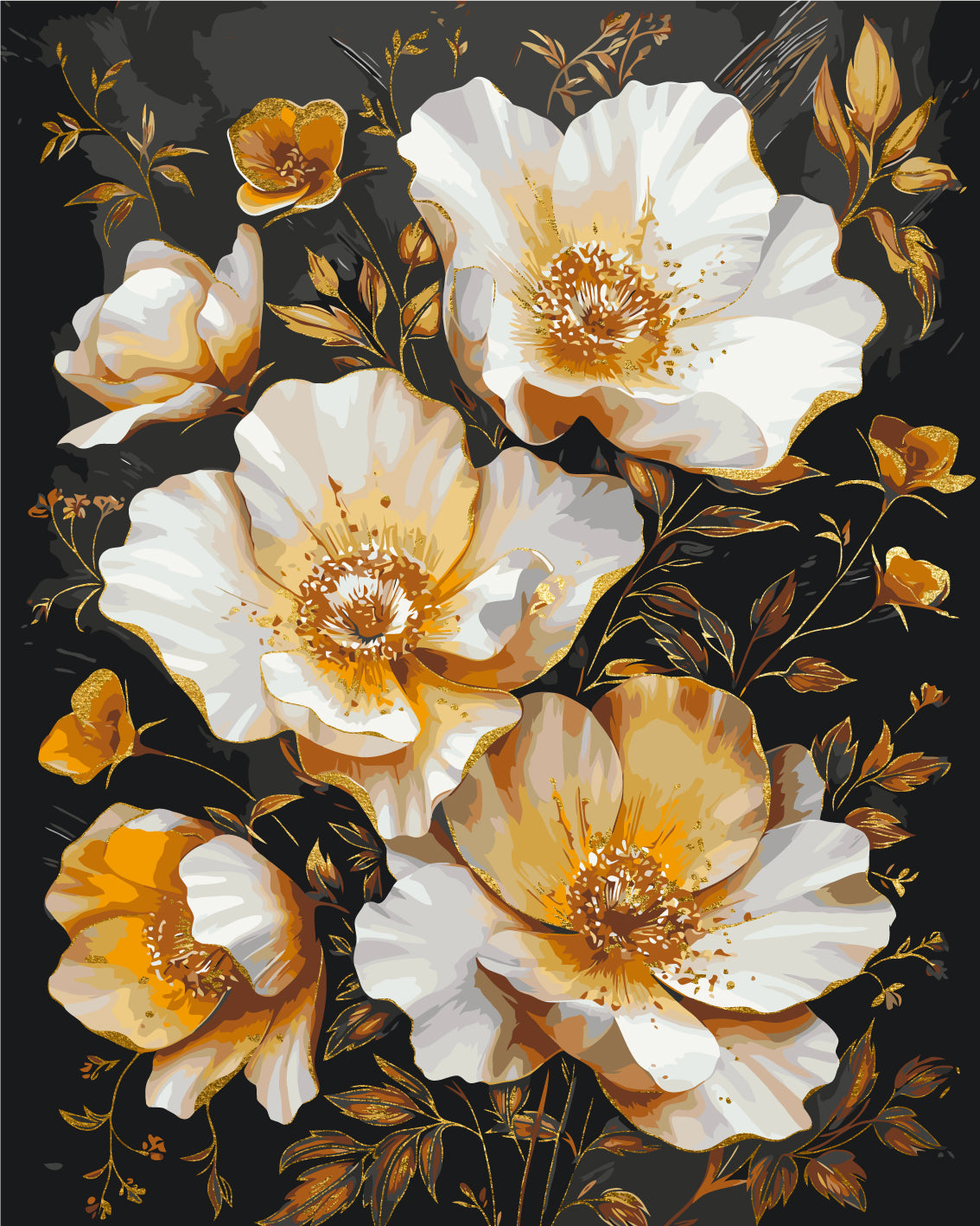 Maľovanie podľa čísel Zlaté kvety na čiernom pozadí. S metalickými farbami 40*50 cm LW 3335