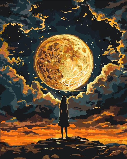 Maľovanie podľa čísel Ľudia. Dievča pod Mesiacom. Vesmír (s metalickými farbami) 40*50 cm LW 3401