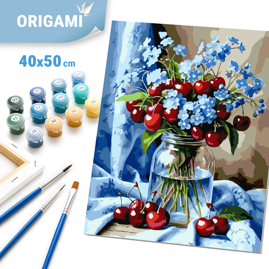 Maľovanie podľa čísel na ráme 40*50 cm – Zátišie/Kvety. Kytica kvetov s višňami LW 3505