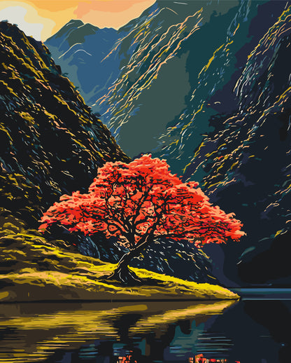 Maľovanie podľa čísel krajinka – Strom medzi horami 40*50 cm LW 3514