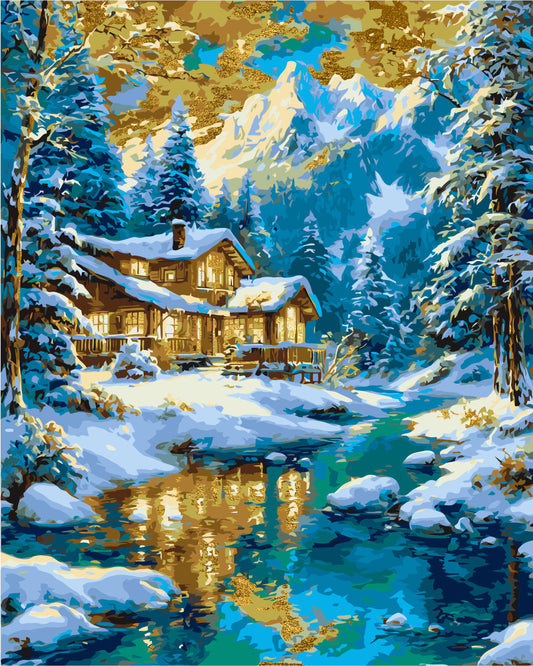 Maľovanie podľa čísel Zimná krajina s metalickými farbami 40*50 cm LW 3554