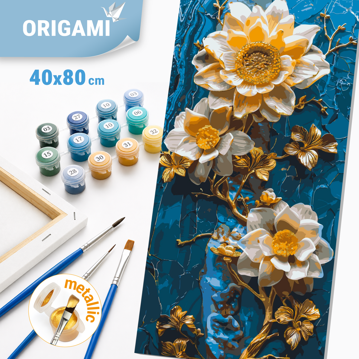 Maľovanie podľa čísel na ráme 40*80 cm - Kvety na modrom pozadí - Kvety s metalickými farbami - LW 5102