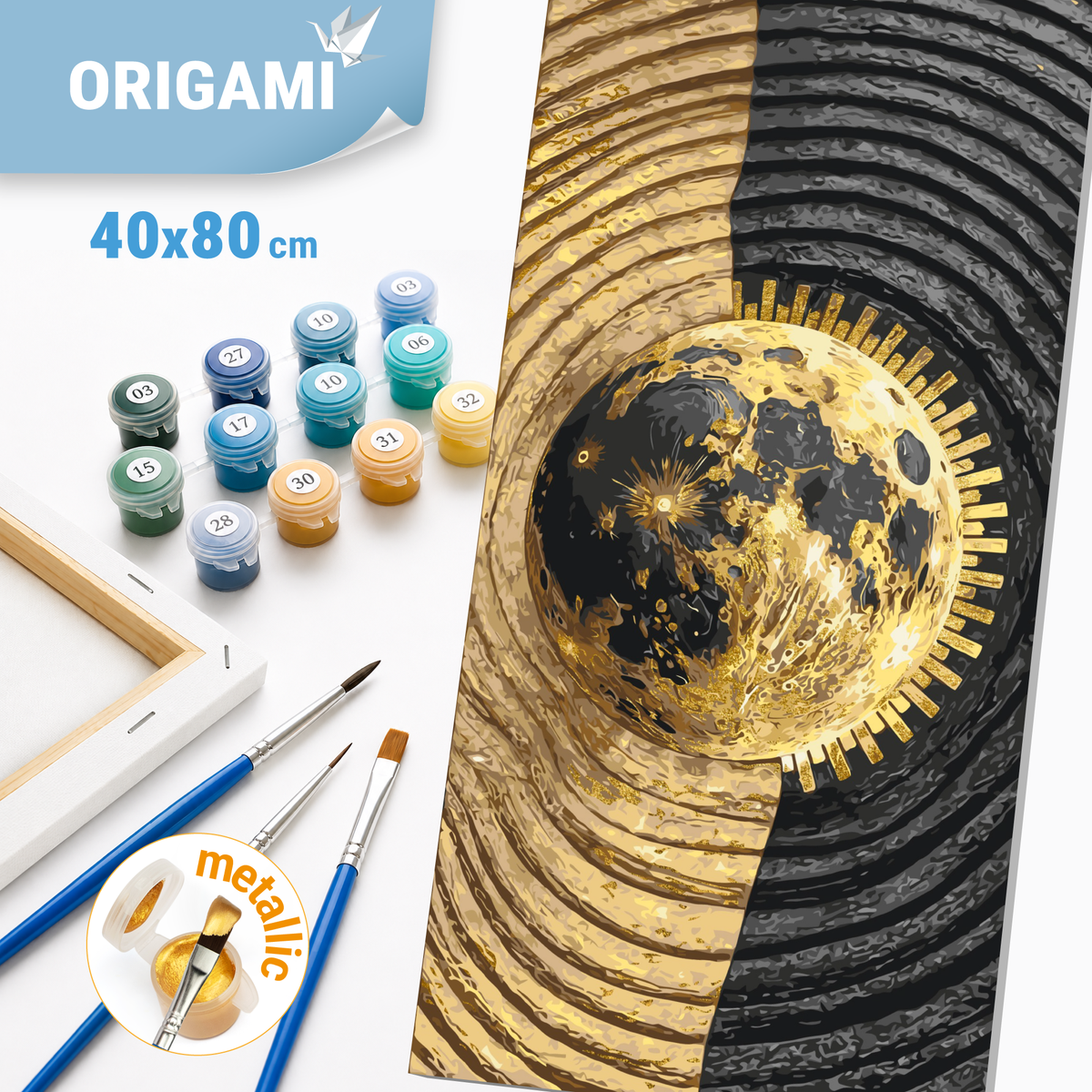 Maľovanie podľa čísel na ráme 40*80 cm - Abstrakcia: slnko - Krajinka s metalickými farbami - LW 5112