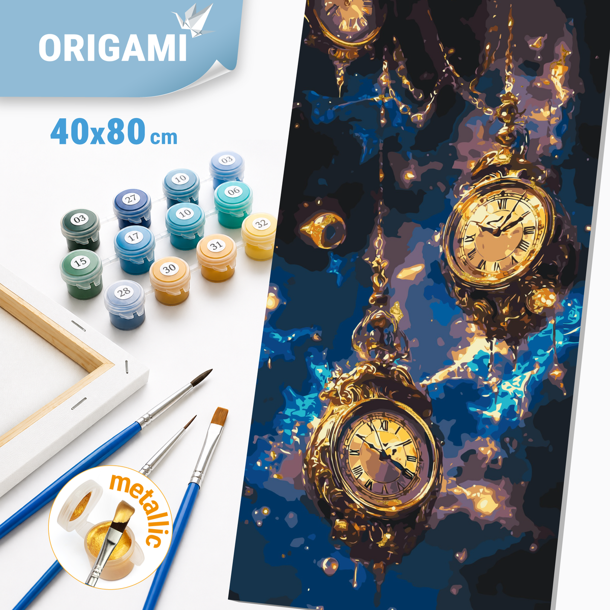 Maľovanie podľa čísel na ráme 40*80 cm - Magické hodiny s metalickými farbami zlato - Vesmír - LW 5113