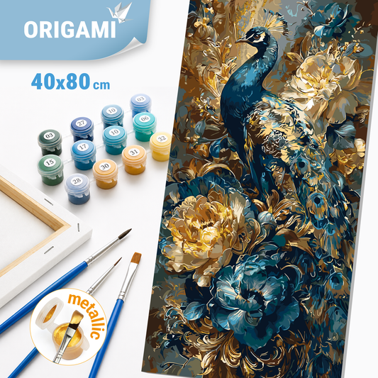 Paint by Numbers on a 40*80 cm frame - Peacock in Flowers with Metallic Paints LW 5183