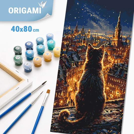 Maľovanie podľa čísel na ráme 40*80 cm - Mačka nad svetlami metropoly - Krajinka - LW 5199