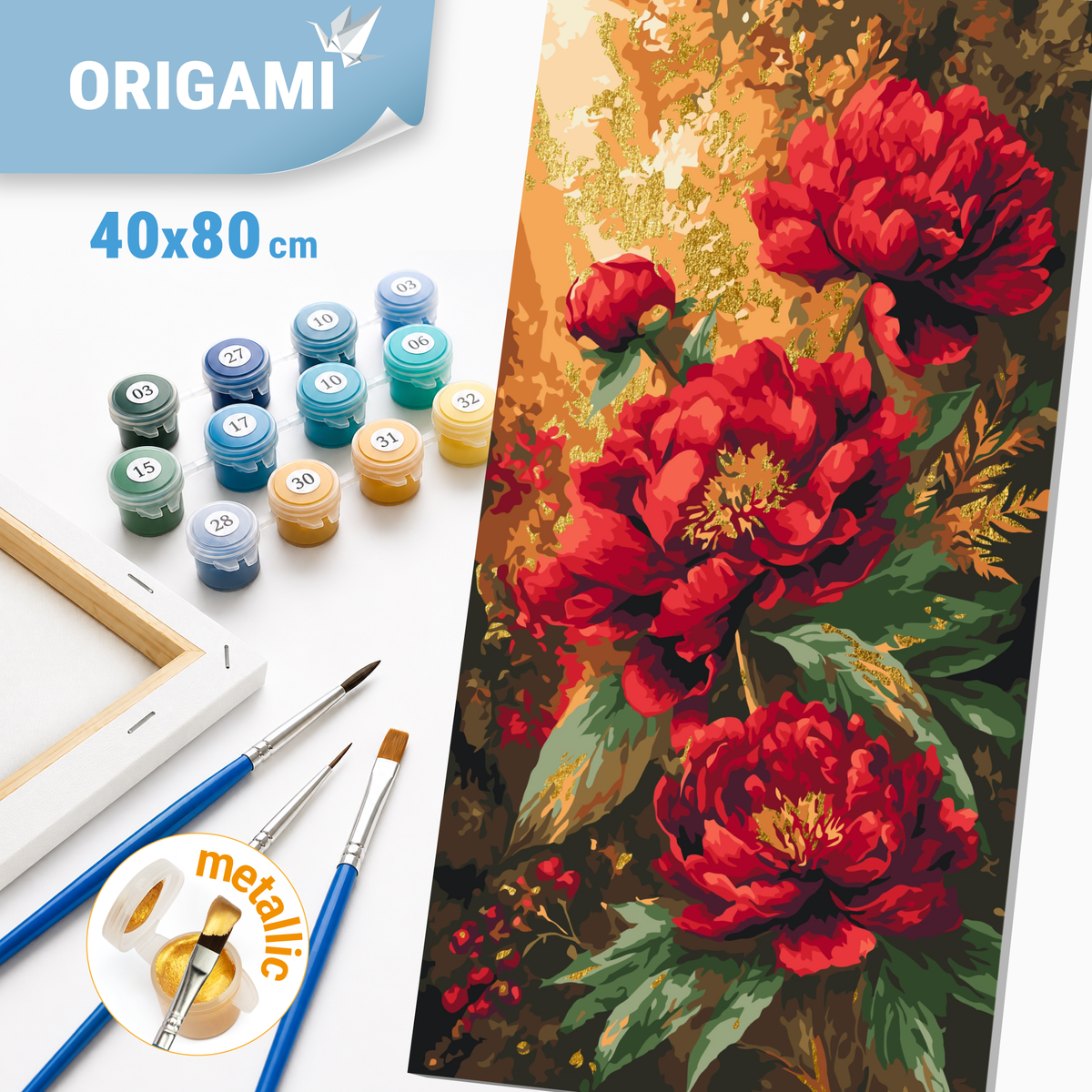 Maľovanie podľa čísel na ráme 40*80 cm - Jasné pivónie - Kvety s metalickými farbami - LW 5224