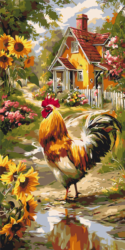 Maľovanie podľa čísel na ráme 40*80 cm - Kohút pri chalúpke - Zvieratá/Krajinka - LW 5228