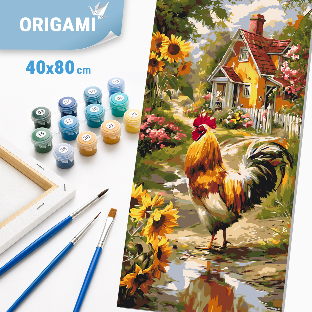 Maľovanie podľa čísel na ráme 40*80 cm - Kohút pri chalúpke - Zvieratá/Krajinka - LW 5228