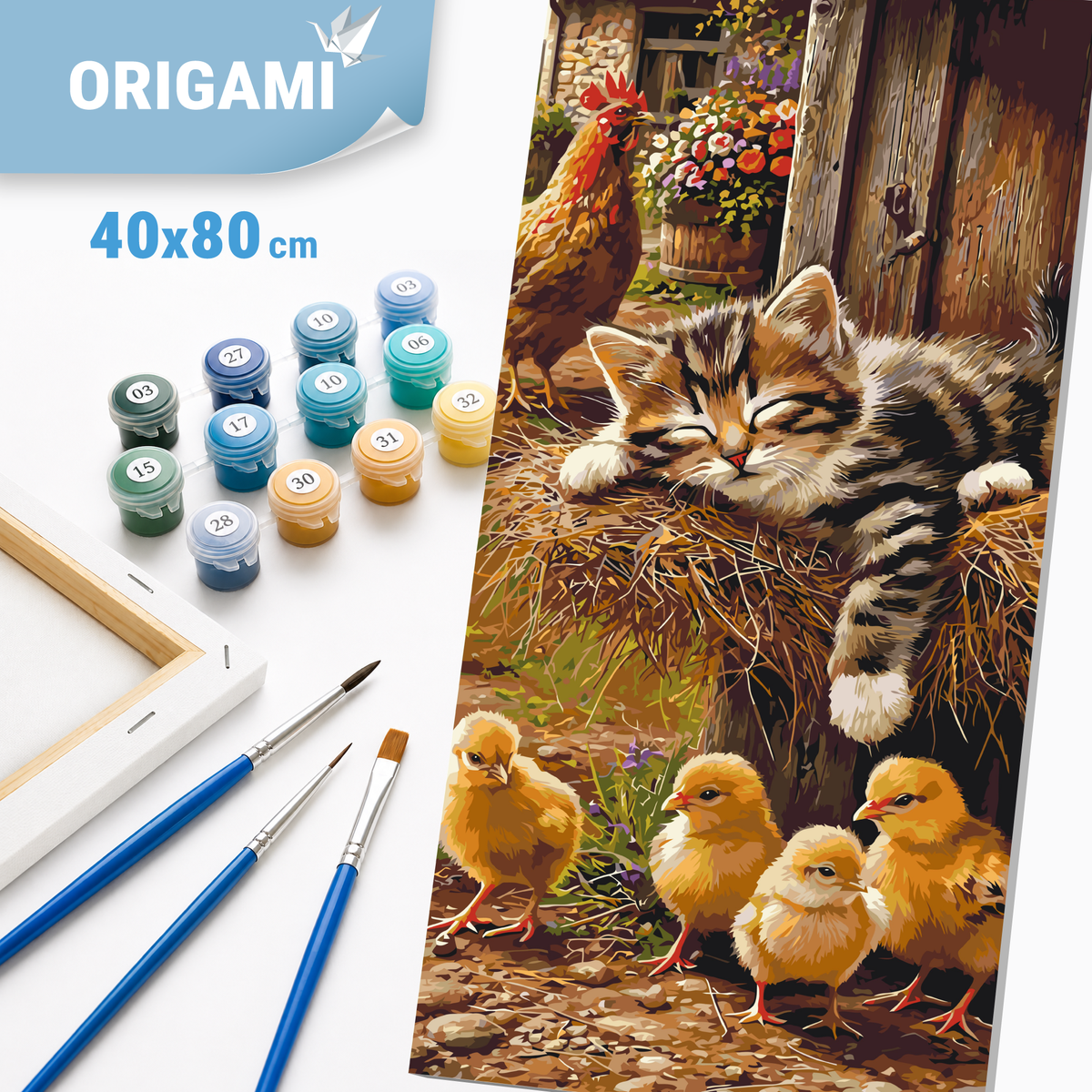 Maľovanie podľa čísel na ráme 40*80 cm - Sladký sen: mačiatko, kohút a kuriatka - Zvieratá - LW 5230