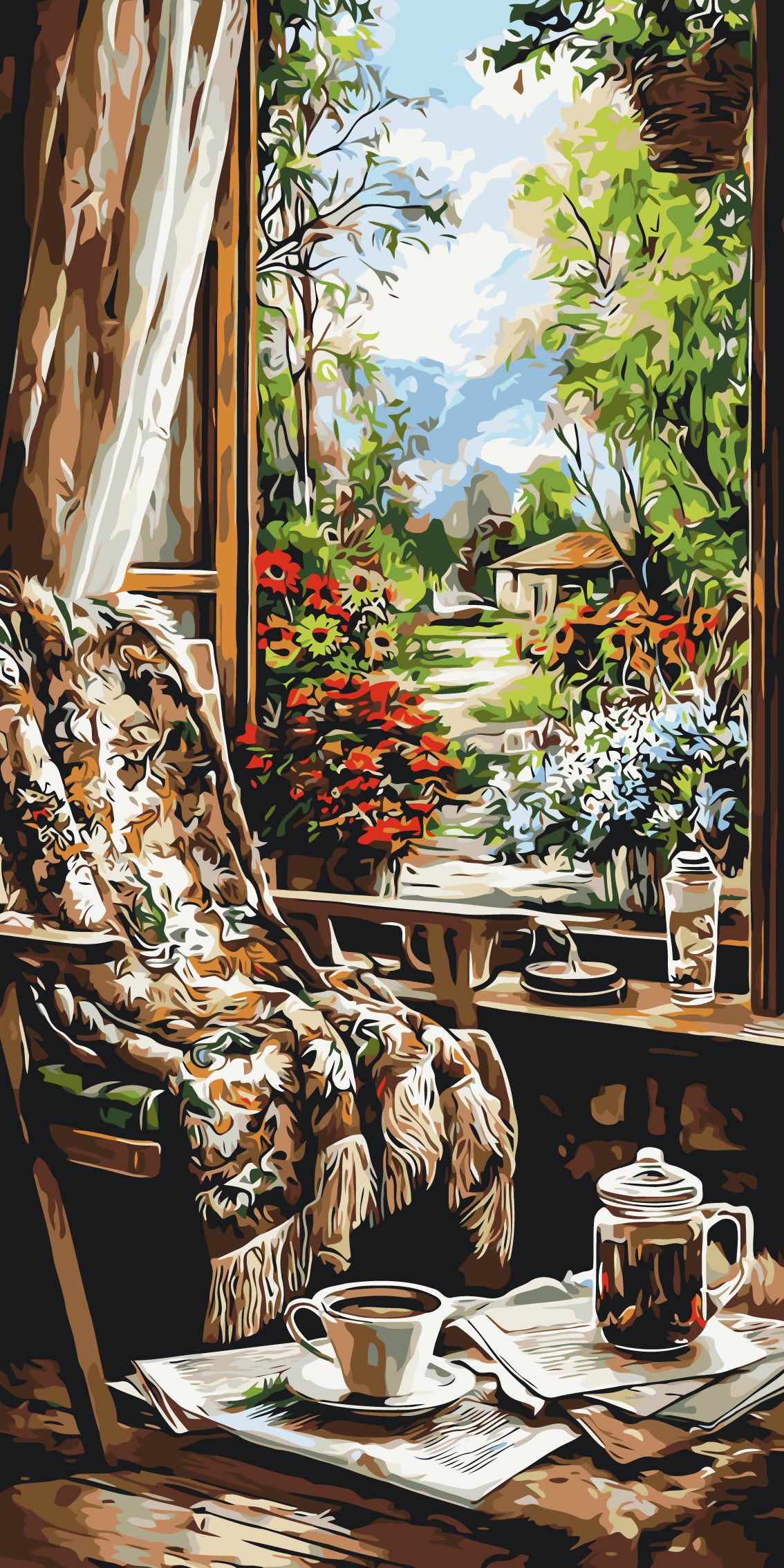 Maľovanie podľa čísel na ráme 40*80 cm - Ráno v záhradnom domčeku - Krajinka - LW 5238