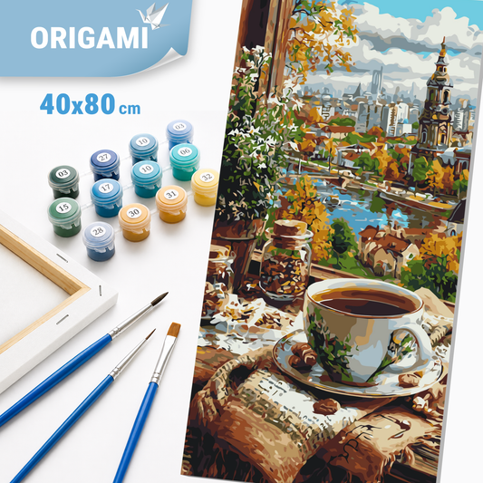 Maľovanie podľa čísel na ráme 40*80 cm - Káva s výhľadom na staré mesto - Krajinka/Zátišie - LW 5239