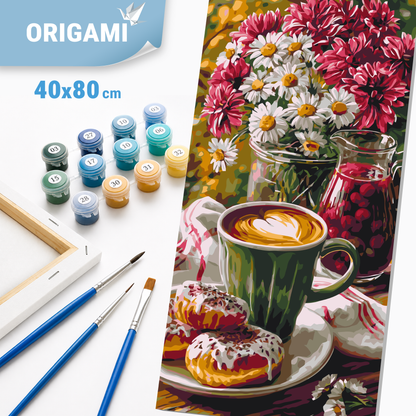 Maľovanie podľa čísel na ráme 40*80 cm - Ranná káva s donutom a kvetmi - Zátišie/Kvety - LW 5243