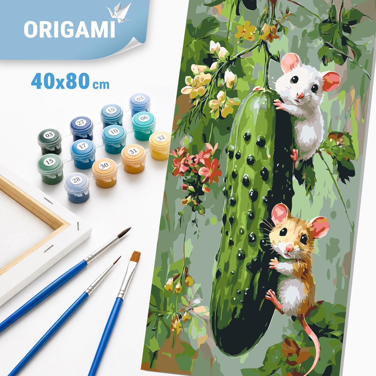 Maľovanie podľa čísel na ráme 40*80 cm - Pár myšiek s uhorkou - Zvieratá - LW 5244