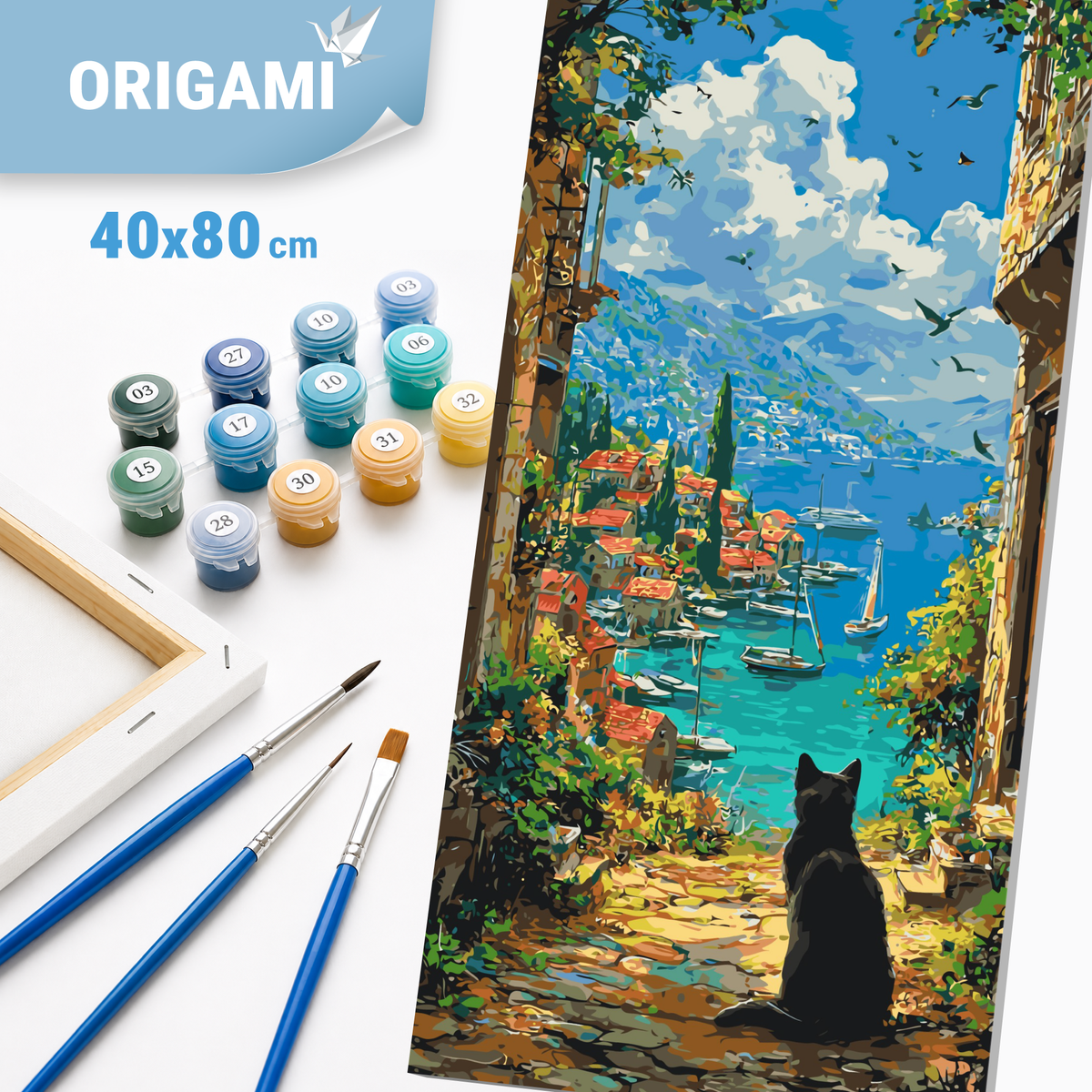 Maľovanie podľa čísel na ráme 40*80 cm - Čierna mačka nad morskou zátokou - Krajinka/Zvieratá - LW 5257
