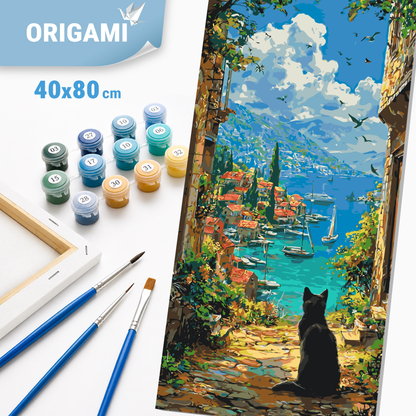 Maľovanie podľa čísel na ráme 40*80 cm - Čierna mačka nad morskou zátokou - Krajinka/Zvieratá - LW 5257