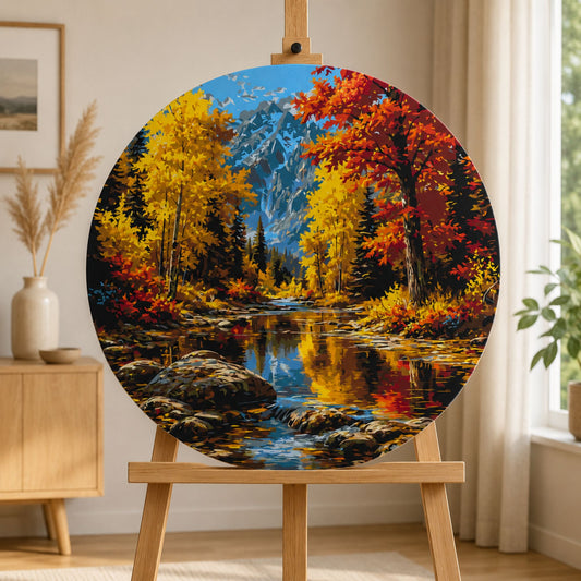 Okrúhle maľovanie podľa čísel Ø45 cm Krajinka. Jesenná rieka v horách OR 2029