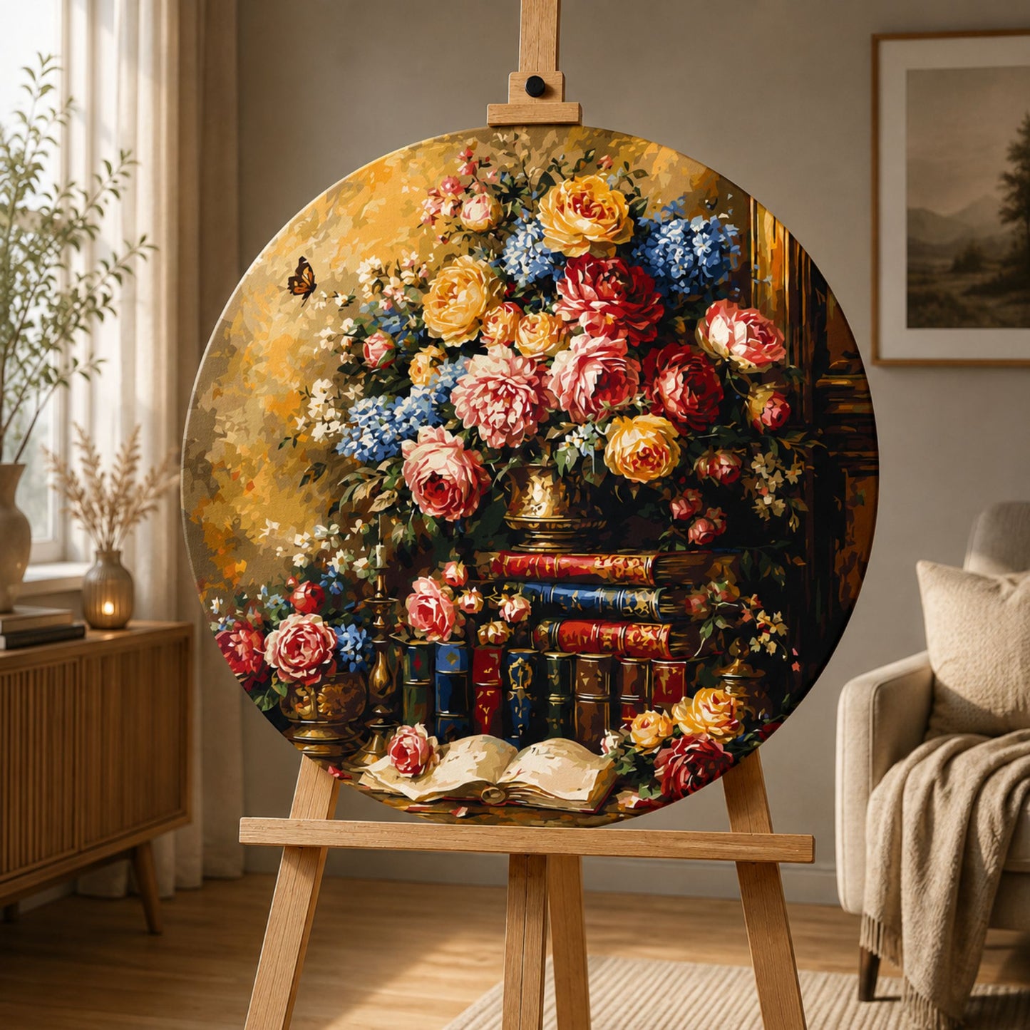 Okrúhle maľovanie podľa čísel Ø45 cm Kvety/Zátišie. Knižnica s ružami OR 2031