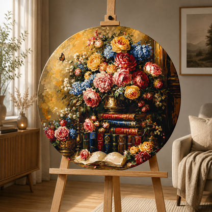 Okrúhle maľovanie podľa čísel Ø45 cm Kvety/Zátišie. Knižnica s ružami OR 2031