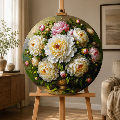 Okrúhle maľovanie podľa čísel Ø45 cm Kvety/Zátišie. Kytica pivónií vo váze OR 2032
