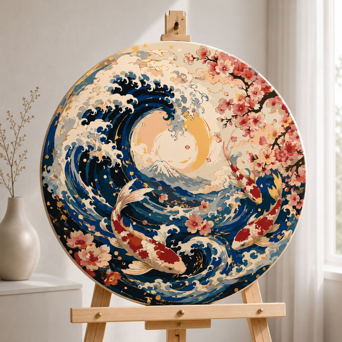 Okrúhle maľovanie podľa čísel Ø45 cm Krajinka/Zvieratá. Koi kapry a Veľká vlna pri Kanagawe OR 2038