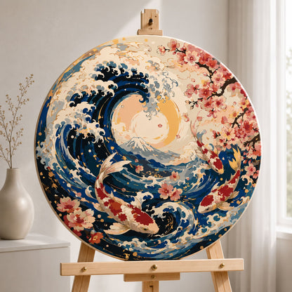 Okrúhle maľovanie podľa čísel Ø45 cm Krajinka/Zvieratá. Koi kapry a Veľká vlna pri Kanagawe OR 2038