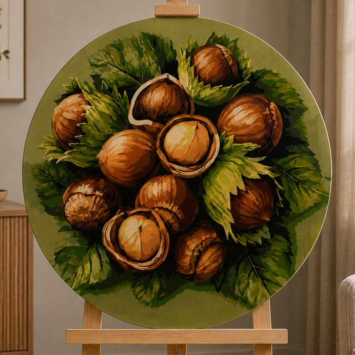 Okrúhle maľovanie podľa čísel Ø35 cm – Zátišie. Zrelé lieskové orechy – OR 2056