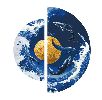 Maľovanie podľa čísel Tanec veľrýb pri zlatej planéte s metalickými farbami (polkruhy) 70×70 cm OSR 1002