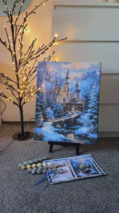Maľovanie podľa čísel na ráme 40*50 cm Zimná krajinka. Hrad v zimných horách LW 3553
